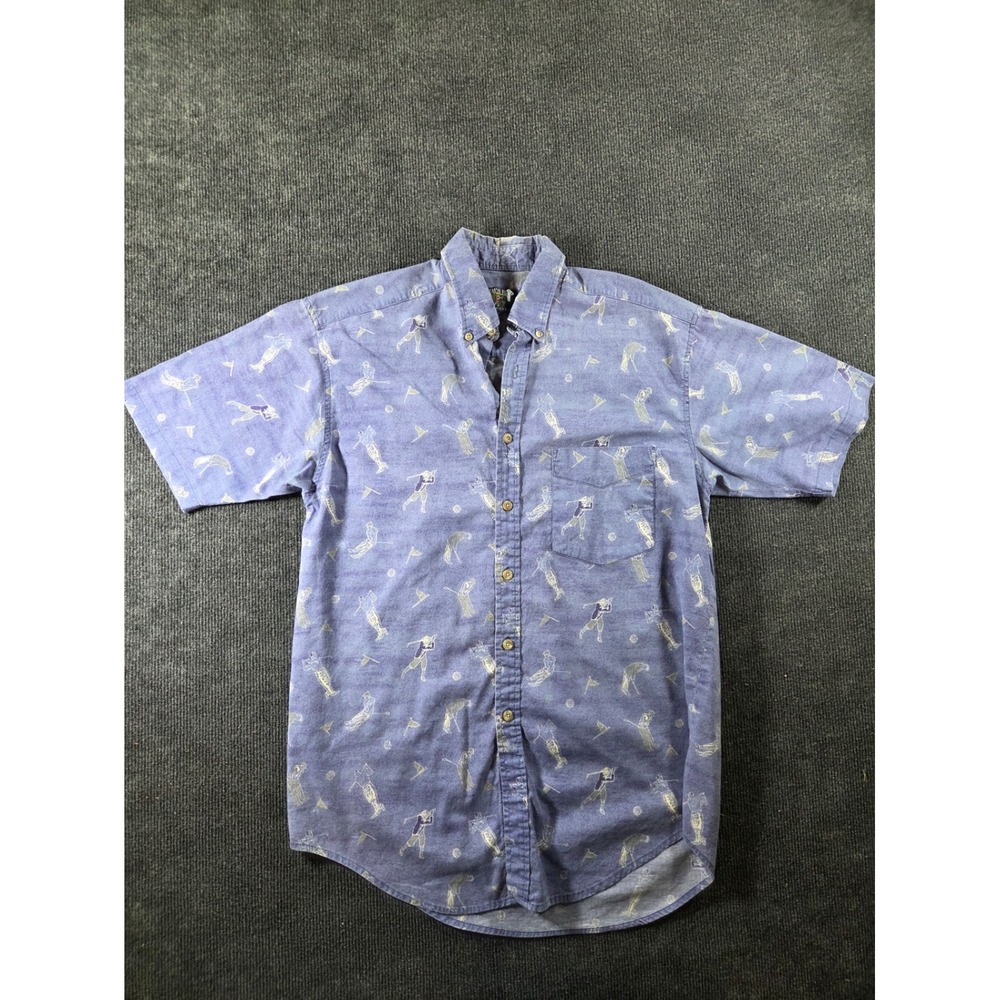 Salmon River Traders‎ Mens Blue Golf Print Short Sleeve Button Down Shirt Large